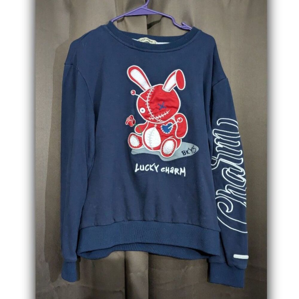 BKYS Lucky Charm Sweatshirt Blue Embroidered Graphic Bunny Charm Sleeve Sz M